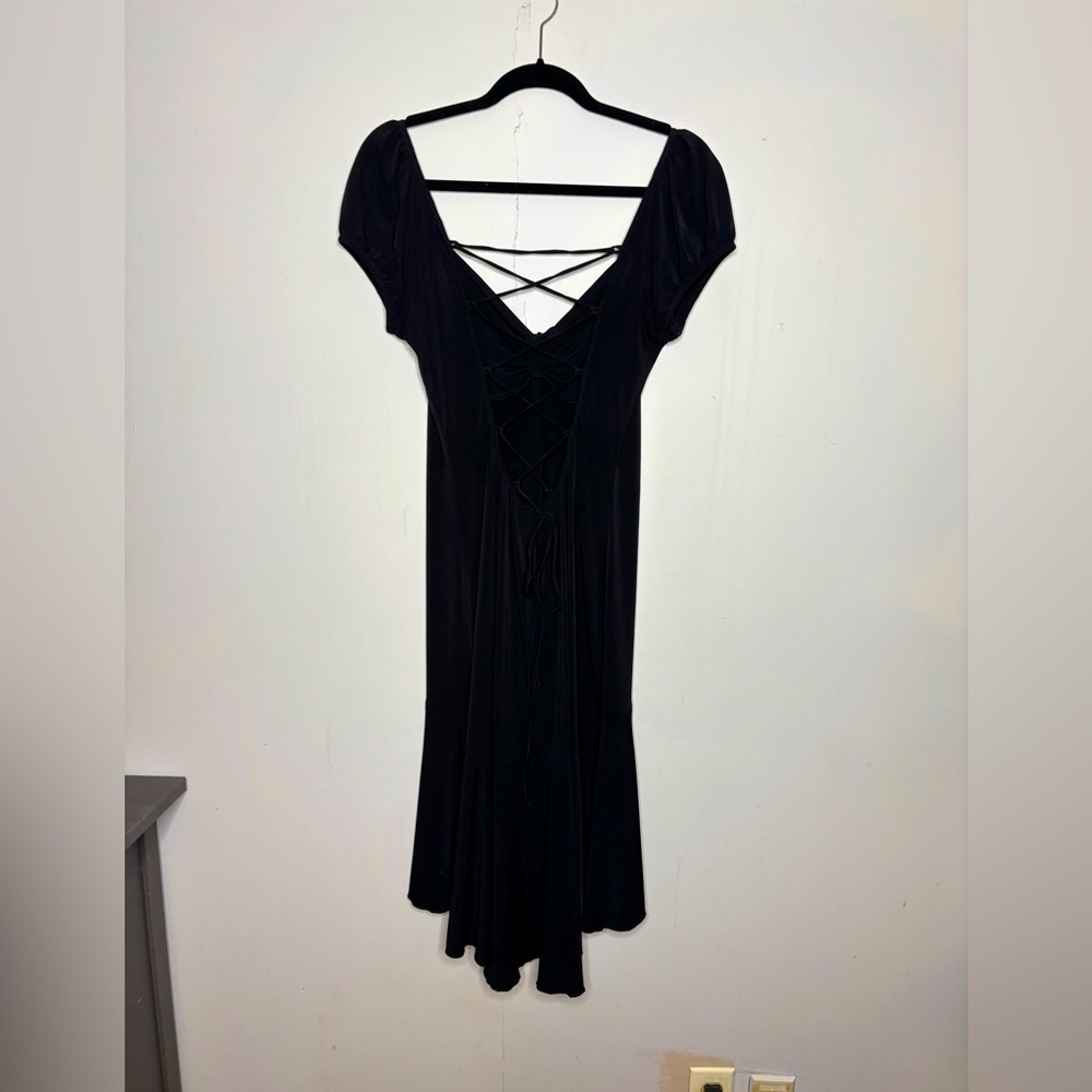 Moda International  Black midi babydoll puff sleeve Dress Crisscross size medium